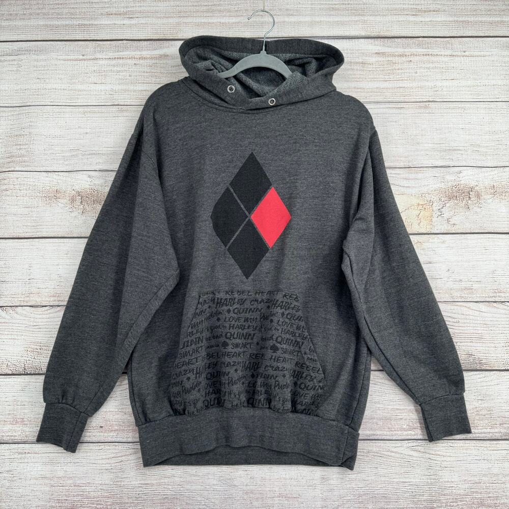 Harley Quinn Batman Hoodie Sweatshirt Womens Medium‎ Gray Red Black Diamonds